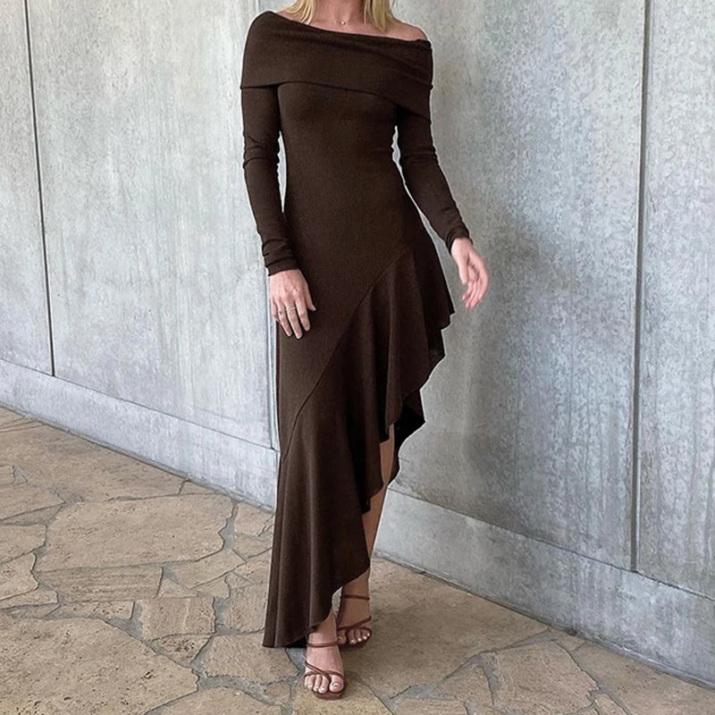 Elegant Asymmetrical Brown Midi Dress for Women - Ruffled Slash Neck Bodycon Dress with Long Sleeves | Perfect for Autumn Parties, Date Nights & Office Wear