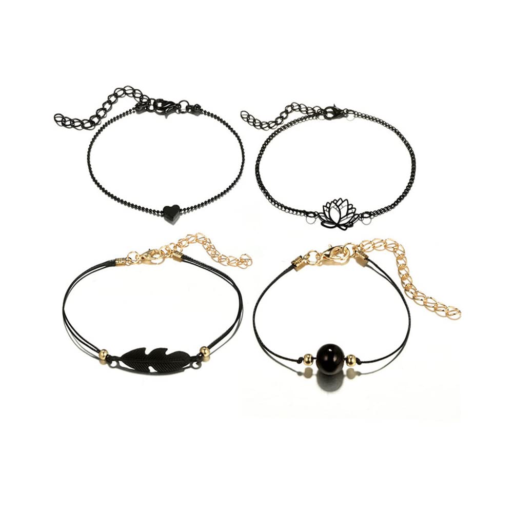 4 Pcs Handmade Braided Black Anklet Bracelets for Women & Girls - Adjustable Heart Lotus Pearl Feather Friendship Bracelet Set | Perfect for Beach, Summer Outfits & Gifts