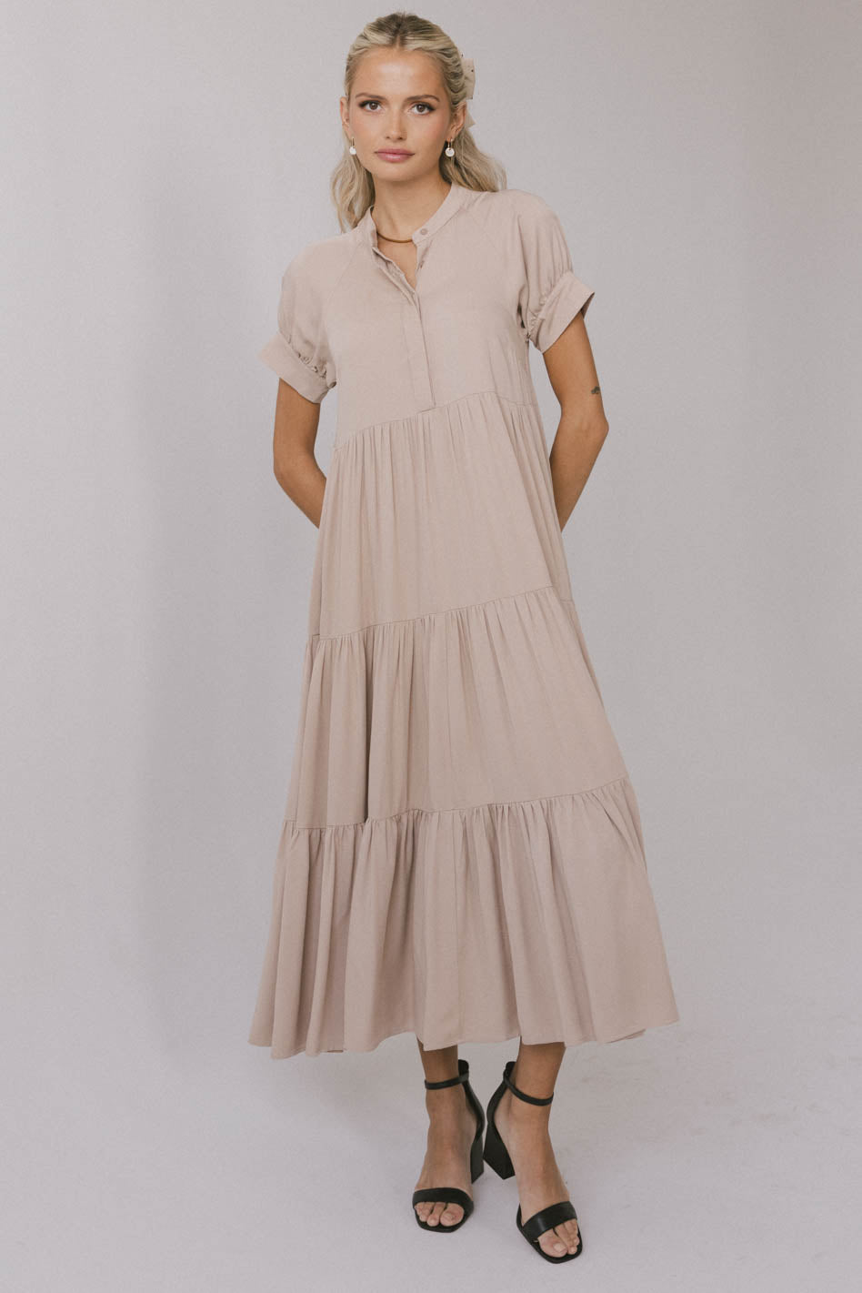 Amanda Tiered Maxi Dress in Tan - Women's Boho Flowy Summer Dress for Beach, Wedding & Vacation - FINAL SALE