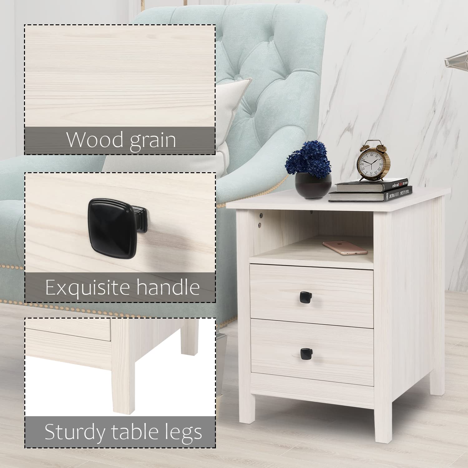 Vikiullf 3-Piece Dresser and Nightstand Set - 7-Drawer Chest & 2-Drawer Nightstands, White Wood Grain Bedroom Storage Furniture for Master Bedroom, Guest Room or Dorm Organization