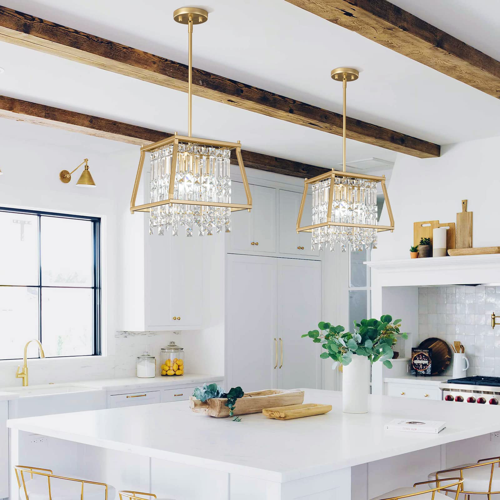 LMQNINE Farmhouse Chandelier - Gold Metal Crystal Pendant Light Fixture for Kitchen Island, Dining Room, Living Room - Flat & Sloped Ceiling (Trapezoid 11.81 Inch) - Perfect for Rustic Home Decor & Wedding Venue Lighting