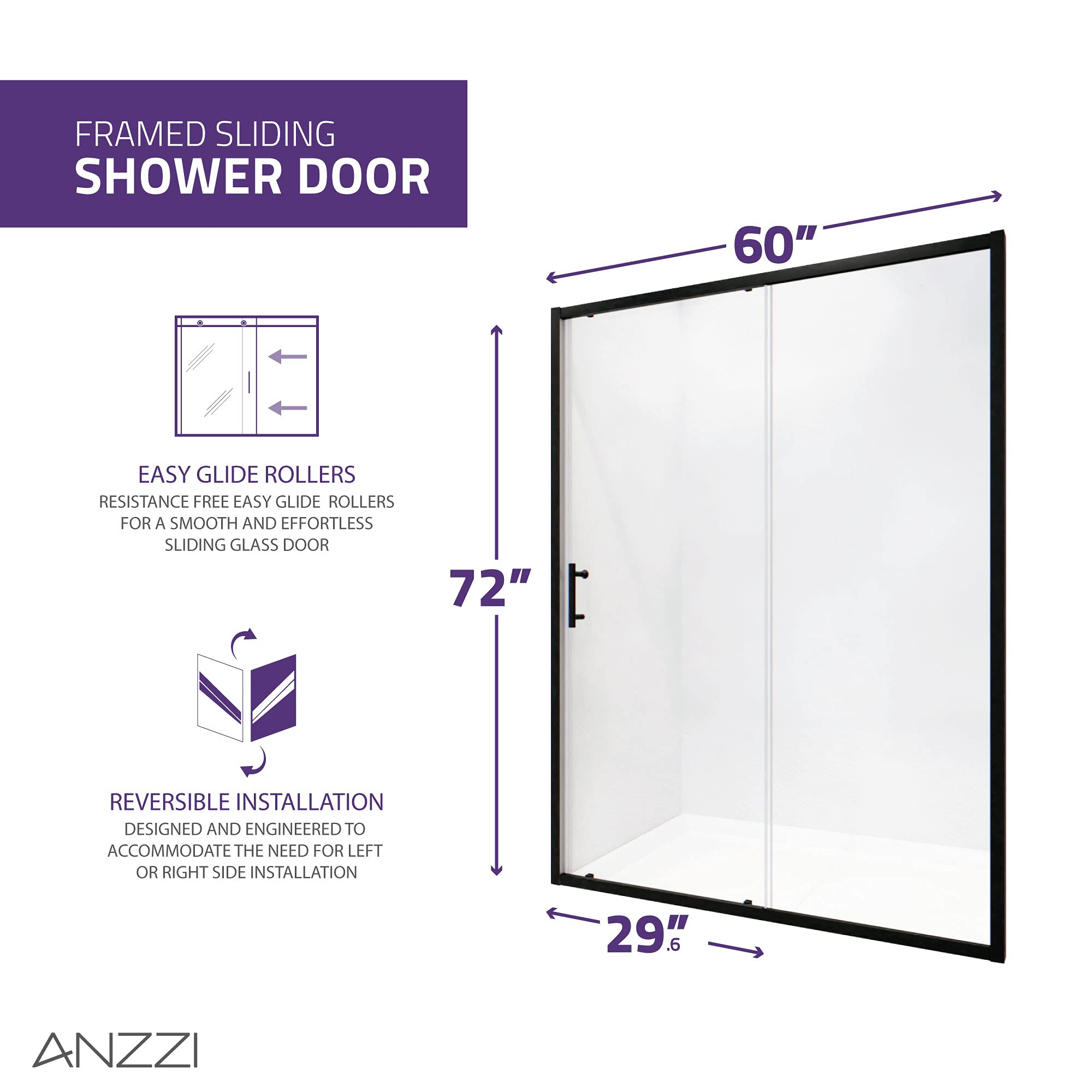 ANZZI 72 x 60 Inch Matte Black Framed Shower Door with Halberd Water Repellent Glass & Seal Strip | Smooth Gliding Rollers for Easy Operation | Perfect for Modern Bathroom & Spa-Like Shower Experience | SD-AZ052-02MB