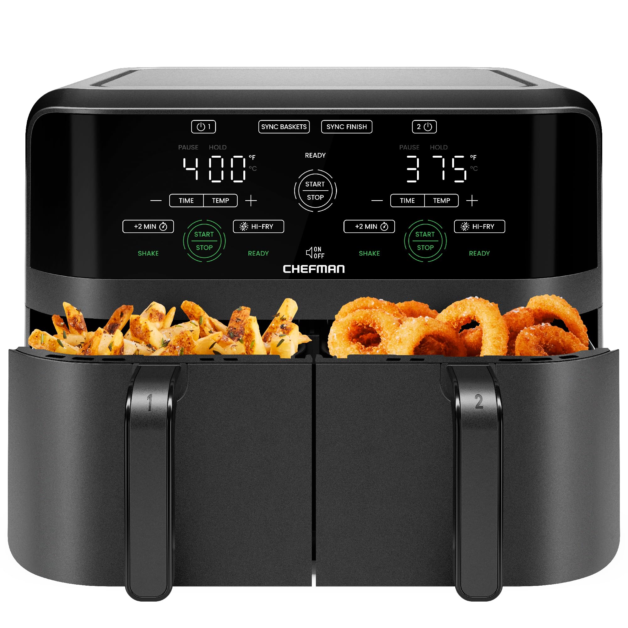 Chefman 6 Quart Dual Basket Air Fryer - Digital Touchscreen, Smart Sync Finish, Hi-Fry Technology, Auto Shutoff, 2 Independent 3QT Nonstick Dishwasher-Safe Baskets - Healthy Oil-Free Cooking for Family Meals, Snacks & Party Foods - Black