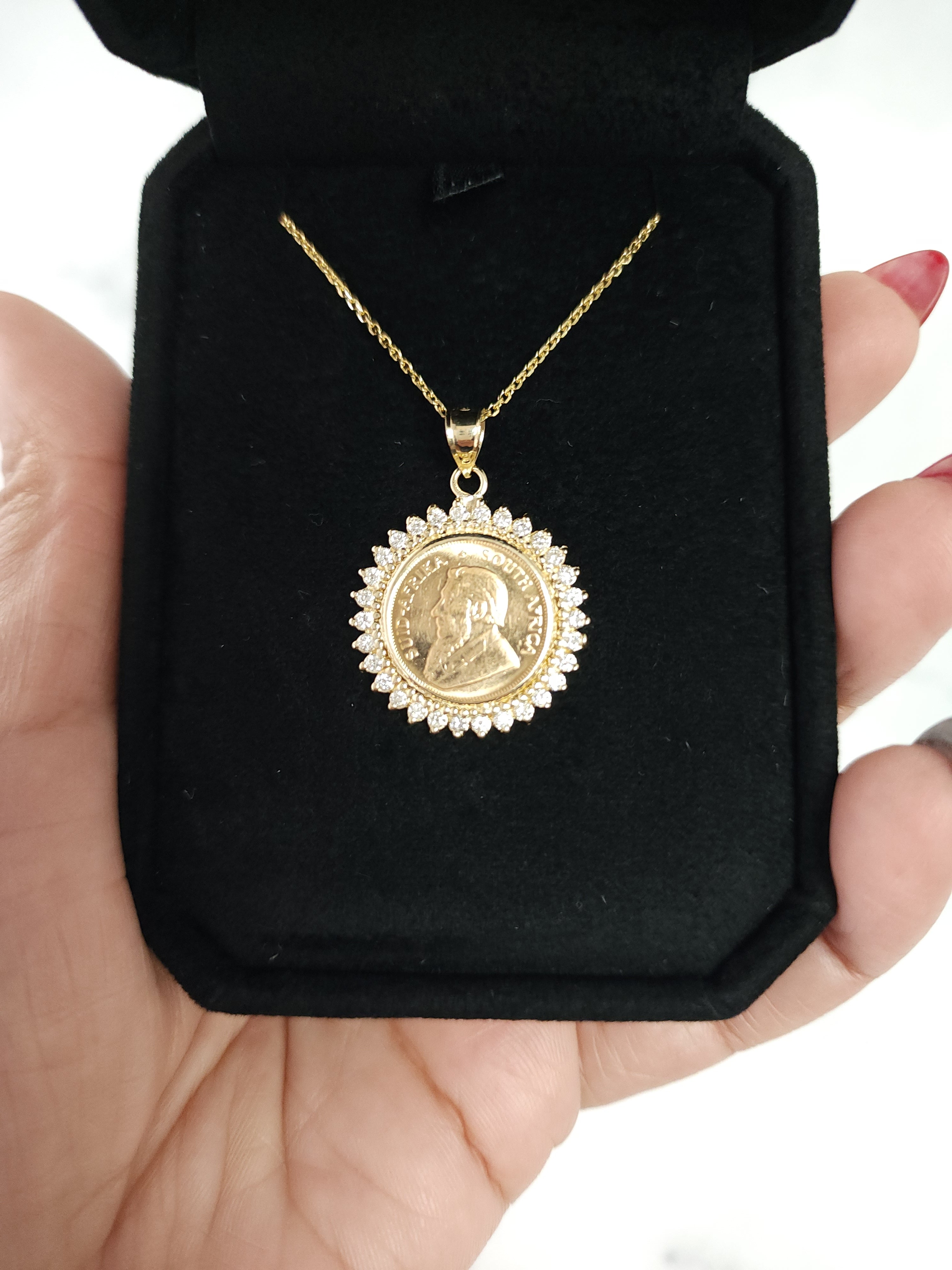 South African Krugerrand Coin Necklace with Diamond Halo - 1 oz Gold Coin Pendant Jewelry for Women - Perfect for Gifts, Special Occasions & Luxury Fashion Accessories