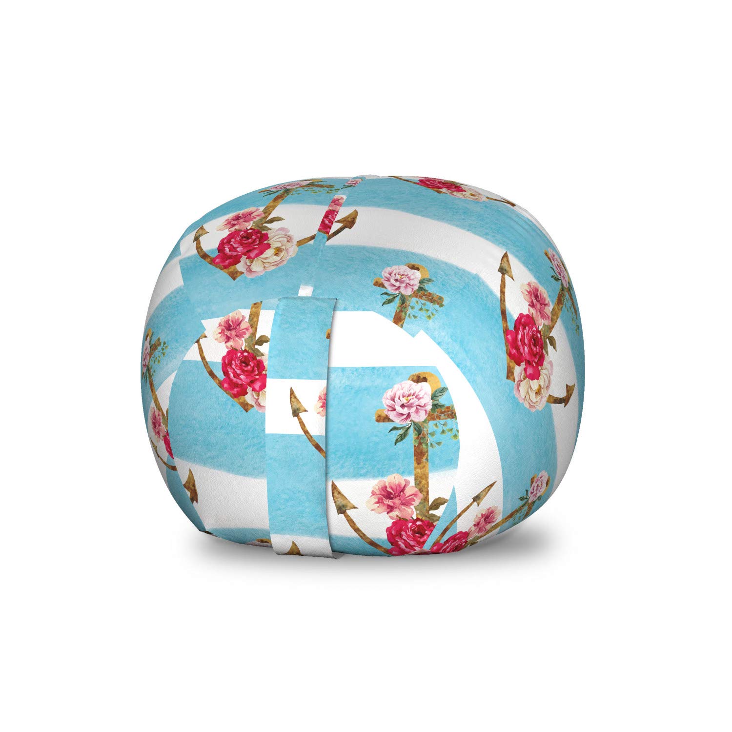 Ambesonne Shabby Floral Storage Toy Bag Chair - Nautical Anchor Design with Romantic Peonies & Roses Watercolor Art, Bold Stripes Stuffed Animal Organizer - Washable Small Multicolor Bag for Kids' Room, Nursery, or Playroom Storage