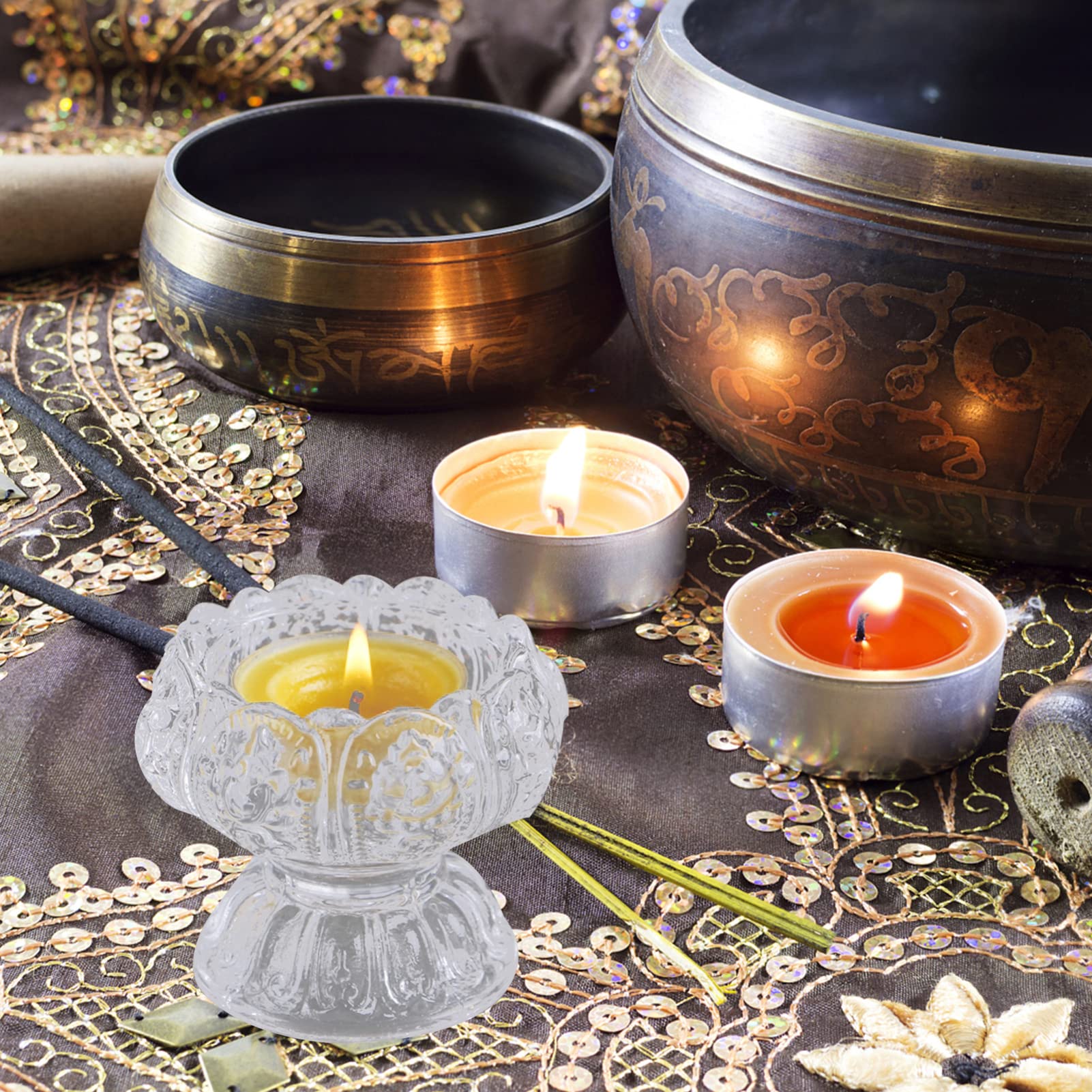 2-Pack Clear Glass Tealight Candle Holders - Elegant Buddhist-Inspired Crystal Table Centerpiece for Weddings, Meditation & Home Decor