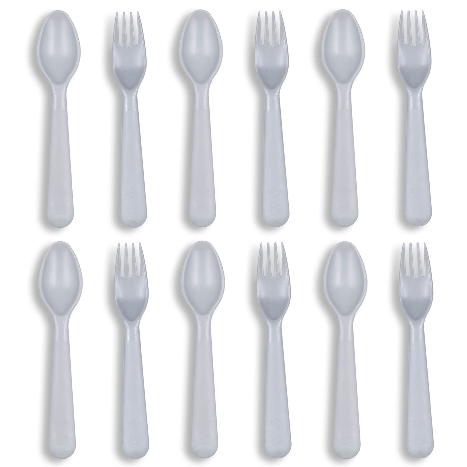 12 Pcs Kids Spoons and Forks Set - BPA Free Plastic Toddler Utensils, Reusable Baby Cutlery for Feeding | Microwave, Dishwasher & Freezer Safe | Perfect for Home, Travel & Daycare Use - Grey