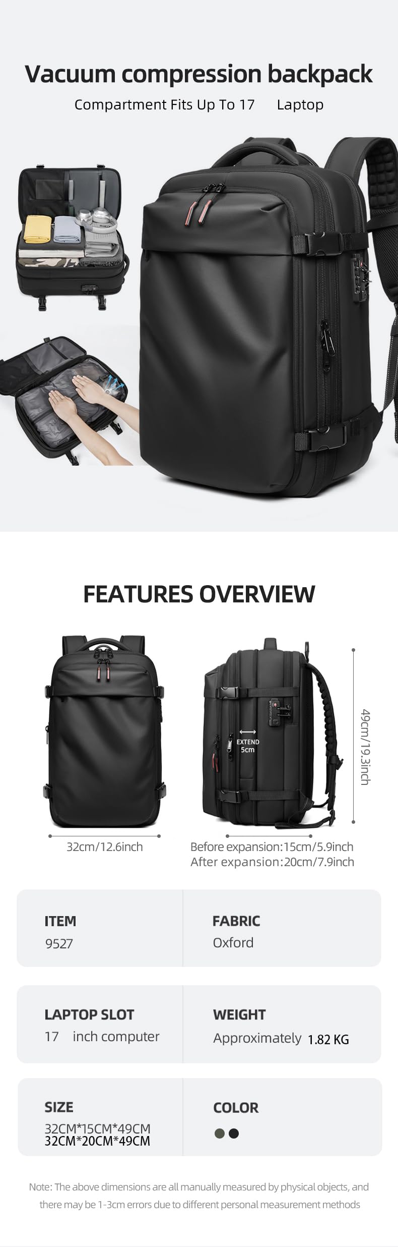 Men's Travel Backpack with Vacuum Compression - Large Capacity 17 Inch Laptop Backpack for Hiking & Business (Black) | Perfect for Commuting, Air Travel and Outdoor Adventures