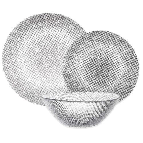 Premium 12-Piece Textured Clear Glass Dinnerware Set - Includes Dinner Plate, Salad Plate & Soup Bowl - Service for 4 - Elegant Ocean Design for Formal Dining & Entertaining