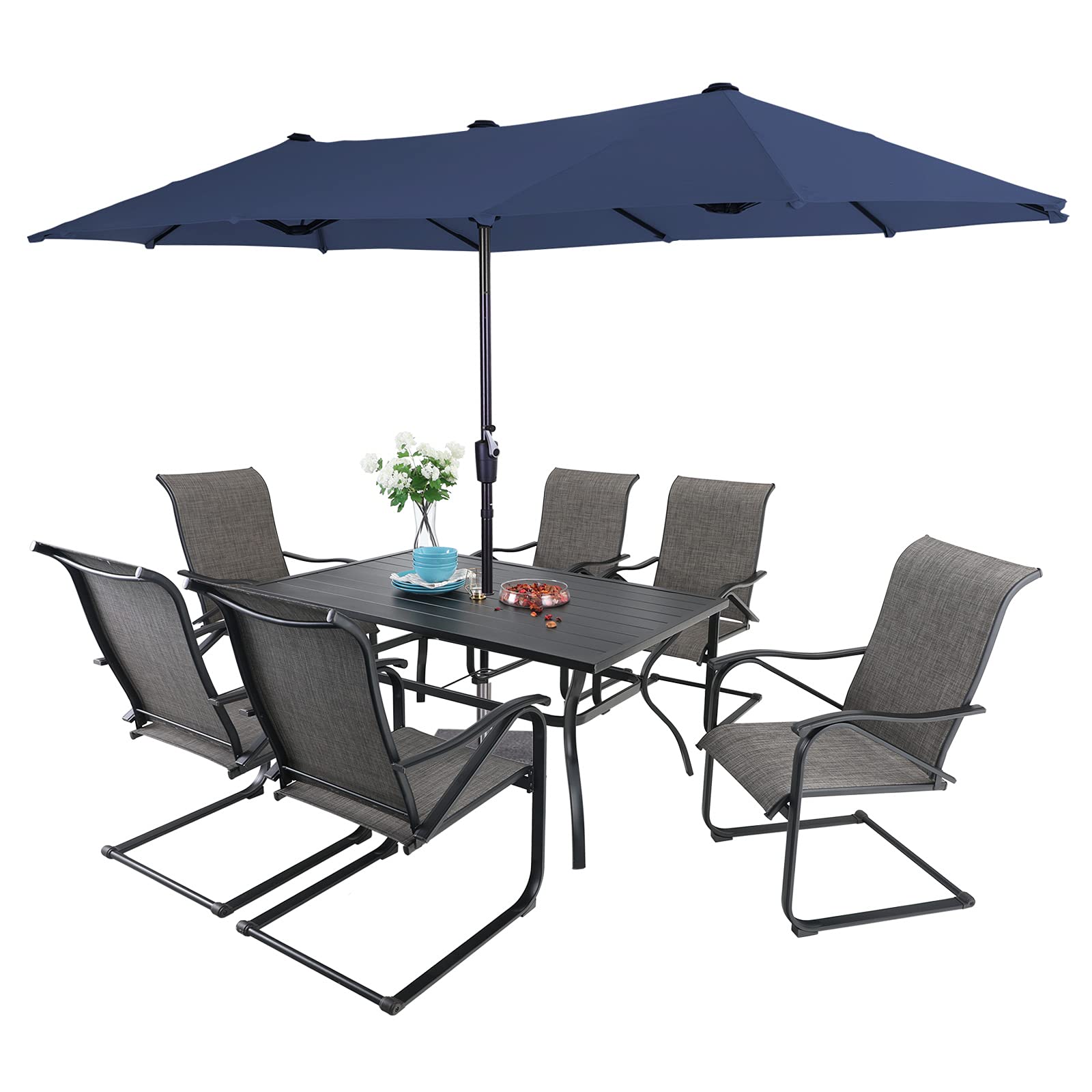 Sophia & William 8-Piece Outdoor Patio Dining Set with 13ft Double-Sided Umbrella - Navy Metal Garden Furniture (6 Spring Motion Chairs + 1 Table) for Backyard, Poolside & Outdoor Entertaining
