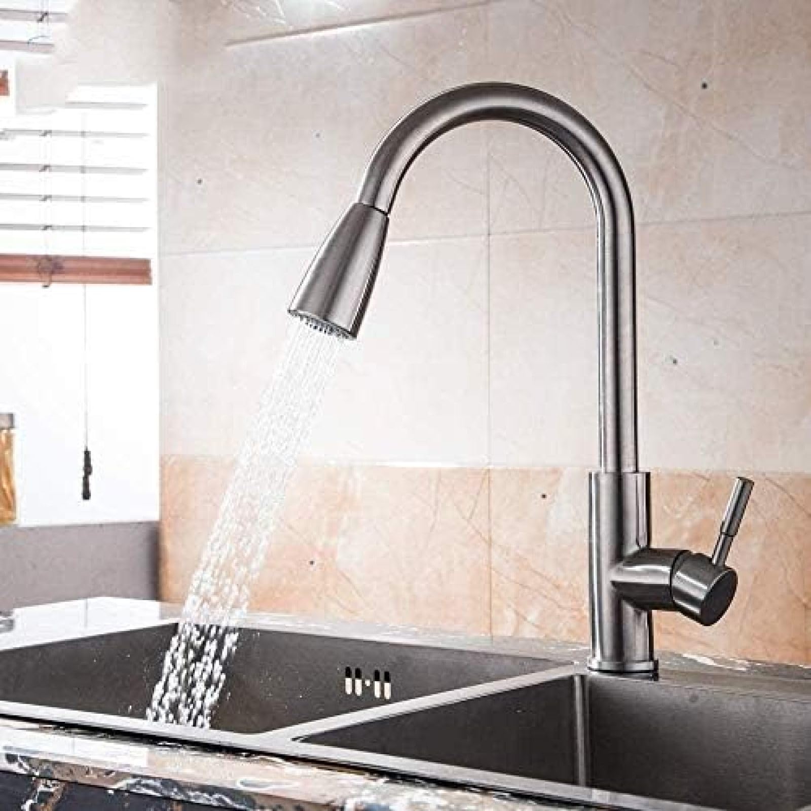 CRJUS Single Handle Pull Down Kitchen Faucet - 304 Stainless Steel Brushed Nickel Finish - Single Hole Mount Sink Mixer with Sprayer - Perfect for Modern Kitchens & Food Prep Stations