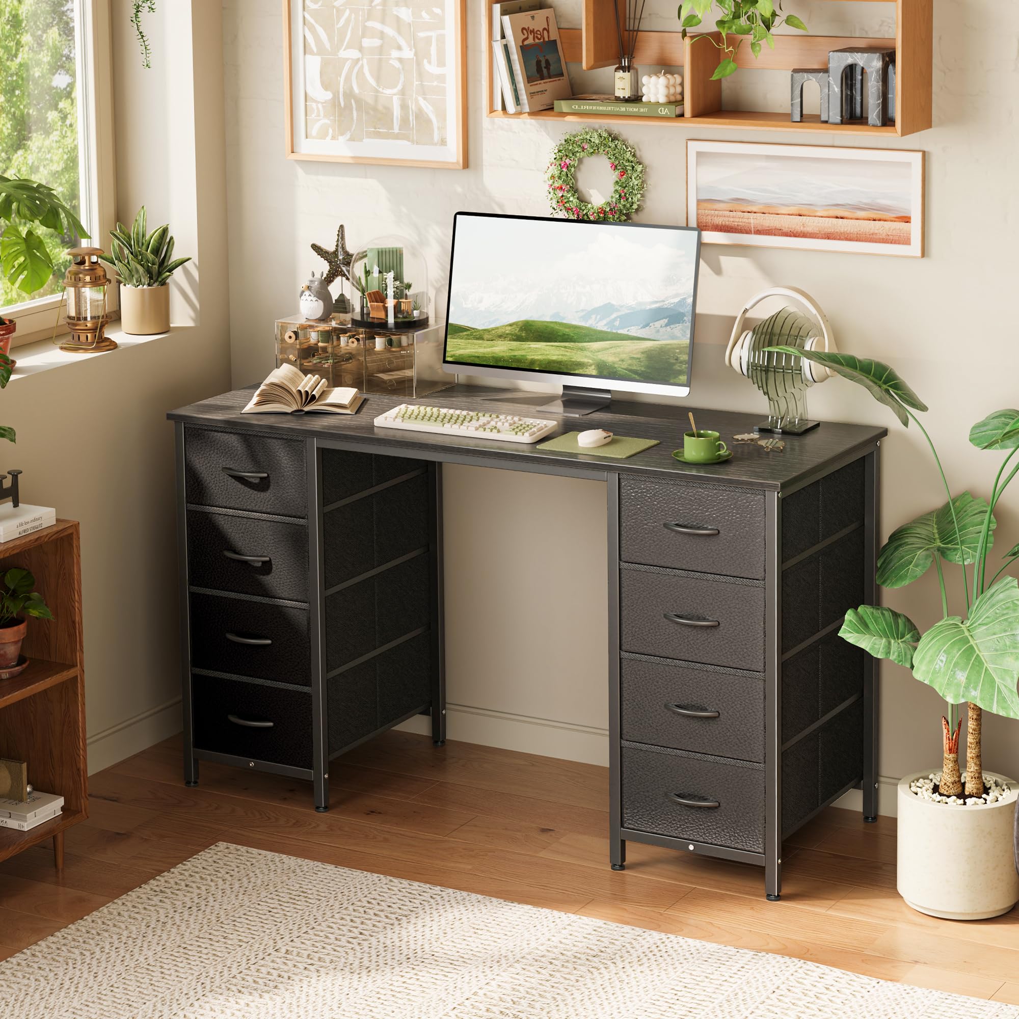 Huuger 47 Inch Computer Desk with 8 Fabric Drawers - Black Home Office Desk for Work, Study & Gaming | Spacious Storage Workstation for Small Spaces & Dorm Rooms | Ergonomic Writing Desk for Professionals & Students