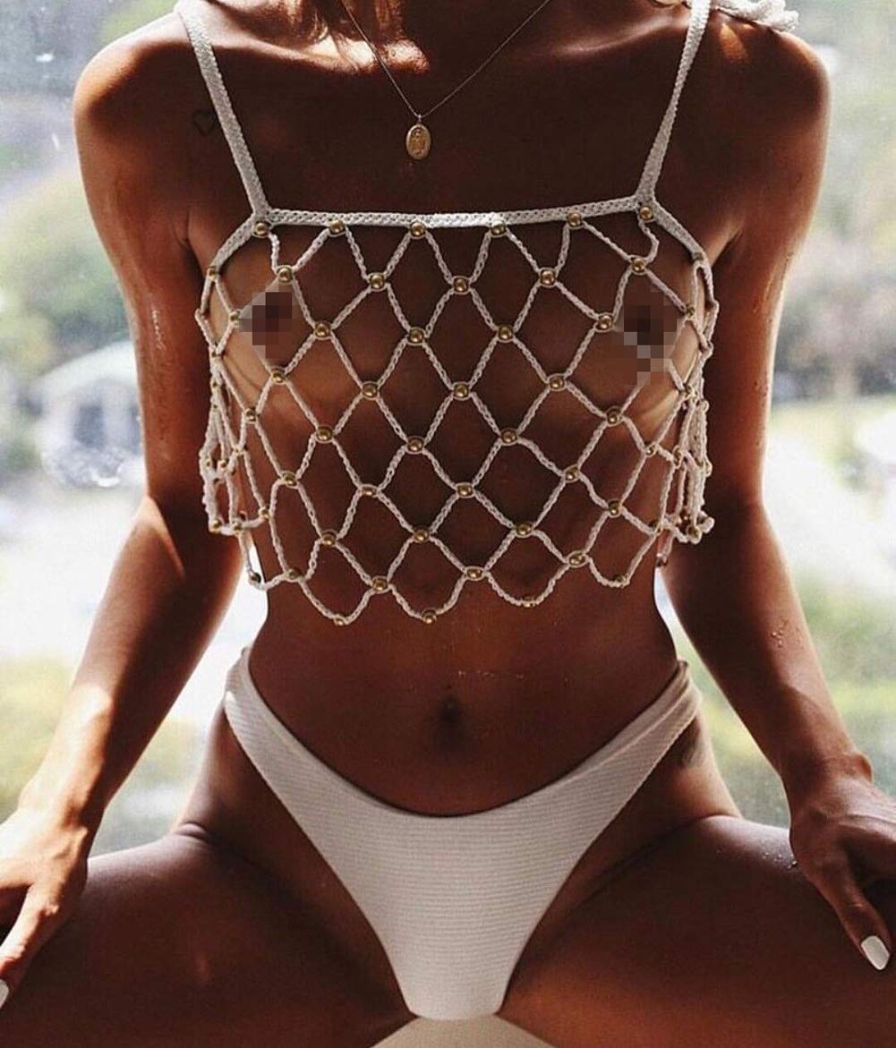 Sexy White Mesh Hollow Crochet Bikini Cover Up for Women - Summer Beach Swimwear Top with Sheer Design - Perfect for Pool Parties, Vacations & Tropical Getaways