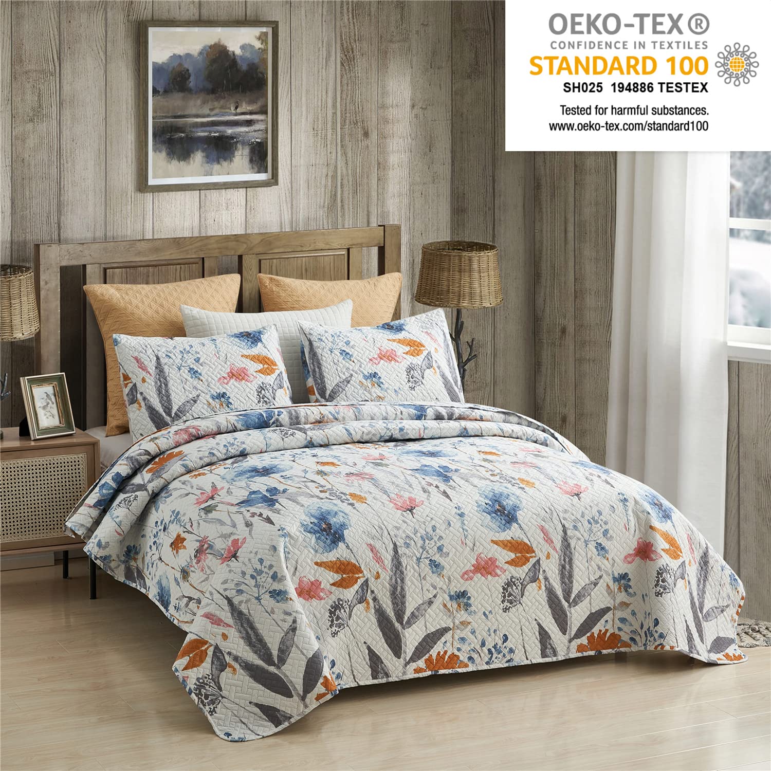 MERRY HOME Queen Size 3-Piece Quilt Set with 2 Pillow Shams - Reversible Bohemian Style Lightweight Bedspread Coverlet | Soft Quilted Bedding for Guest Room, Master Bedroom & Cozy Home Decor