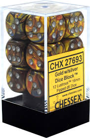 Chessex D6 12-Pack Lustrous Gold with Silver 16mm Pipped Dice Set - Perfect for Dungeons & Dragons, Tabletop RPGs, and Board Games