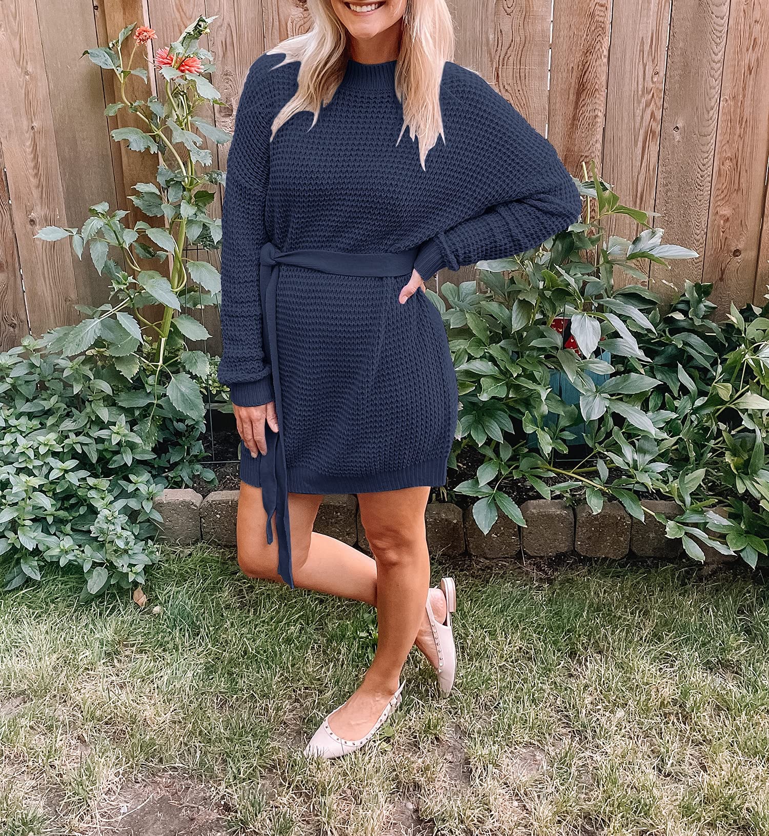 ZESICA Women's Long Sleeve Waffle Knit Tie Waist Tunic Sweater Dress - Fall Winter Pullover Casual Outfit for Work, Date Night & Holiday Season