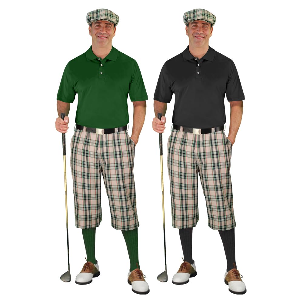 Impact Plaid Golf Outfits for Men - Khaki Stewart Tartan Pants & Shirt Set - Comfortable Stretch Fabric for Golf Course & Casual Wear