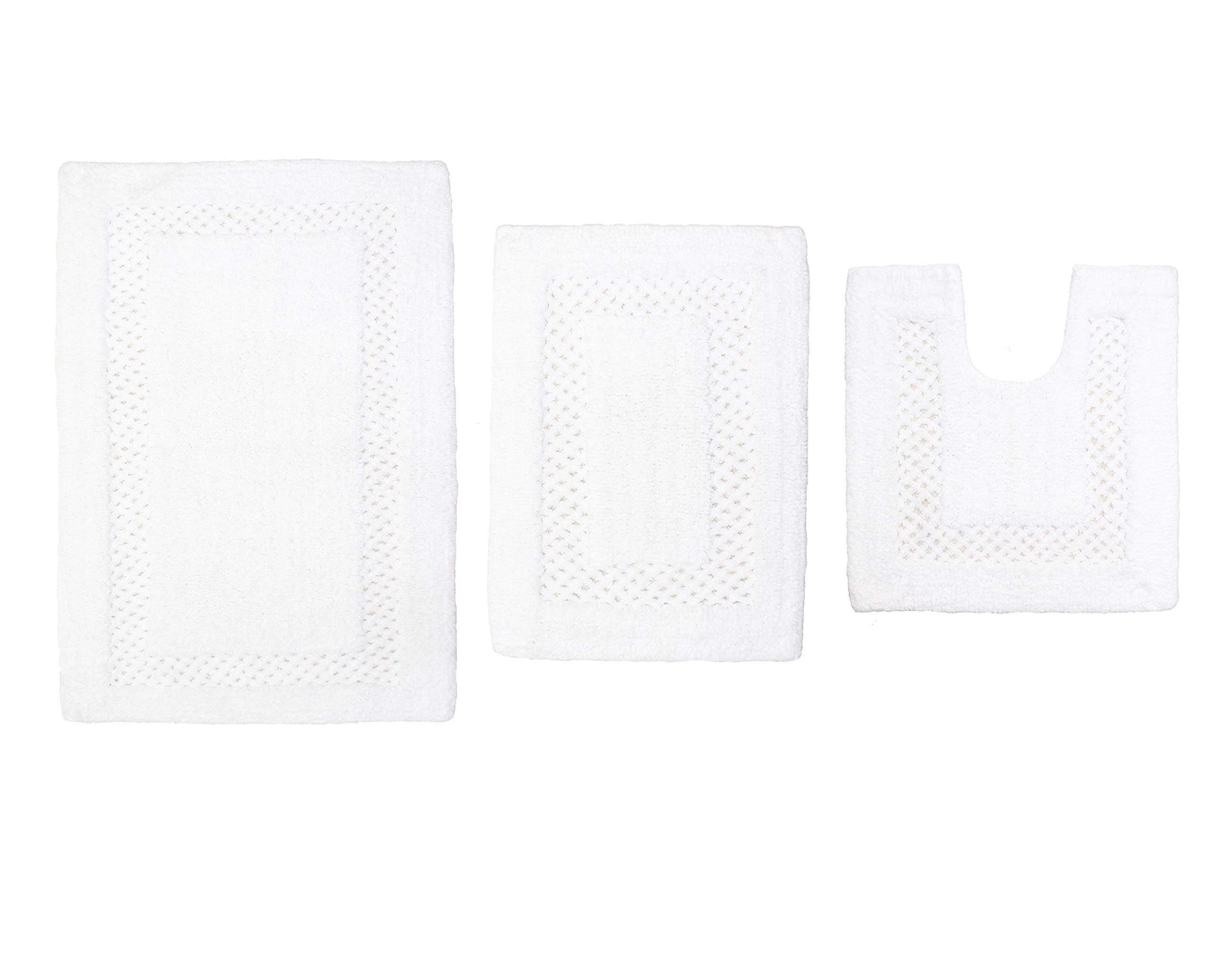 Premium 100% Cotton Bathroom Rug Set - Ultra Soft & Absorbent Non-Slip Bath Mat with Contour - Washable 3-Piece Bathroom Floor Mats for Shower, Tub & Kitchen - Classic White Home Decor