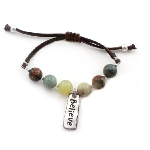 Believe Charm Bracelet with Semi-Precious Stones - Brown Multi-Color Beaded Spiritual Jewelry for Women | Gift for Meditation, Yoga & Positive Energy