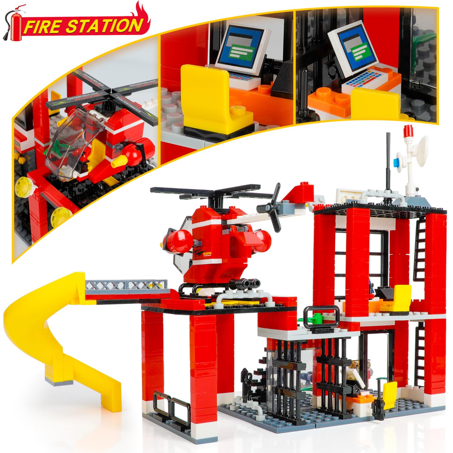 WishaLife City Fire Station Playset with Transport Truck & Helicopter - Pretend Play Toy for Kids Ages 6+ | Firefighter Role Play, Birthday Gift, Educational STEM Learning Activity