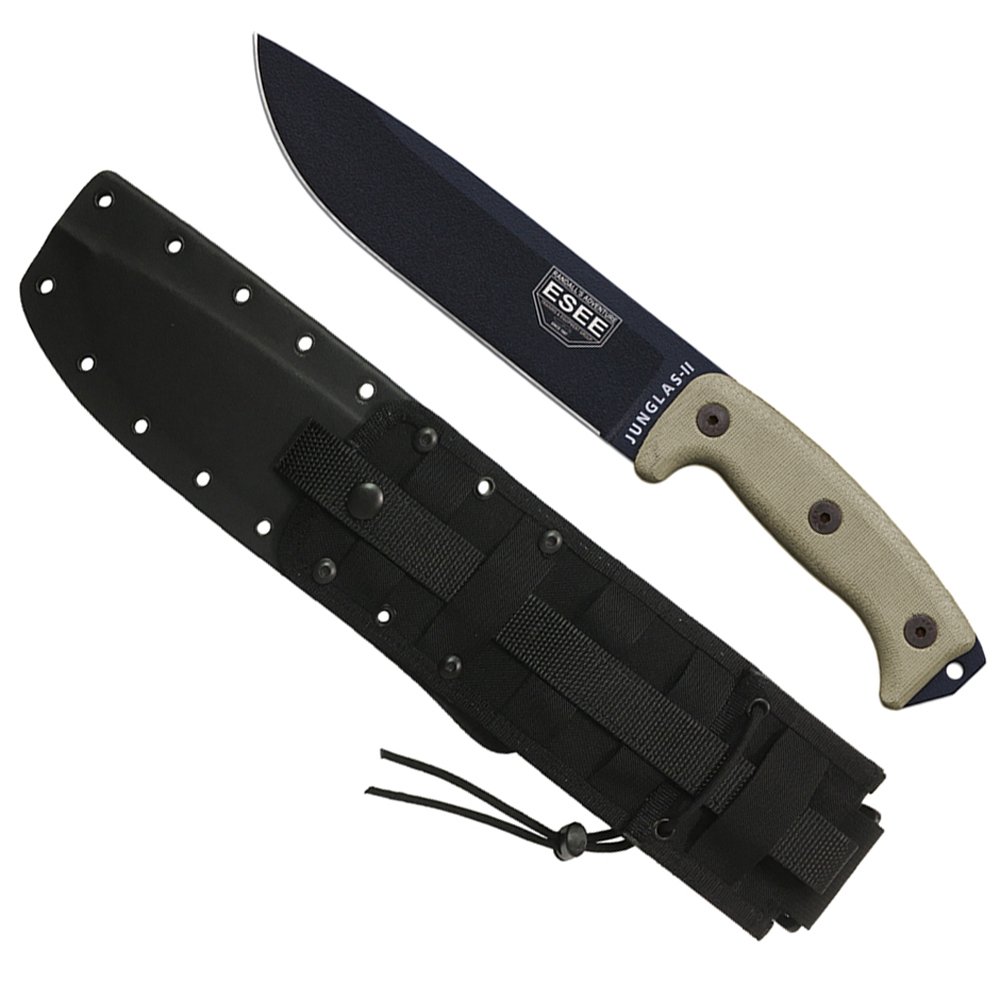 ESEE Authentic JUNGLAS Survival Knife with Kydex Sheath & MOLLE Backing - Black Blade (Junglas II) - Perfect for Outdoor Adventures, Camping, Hunting, and Bushcraft Survival