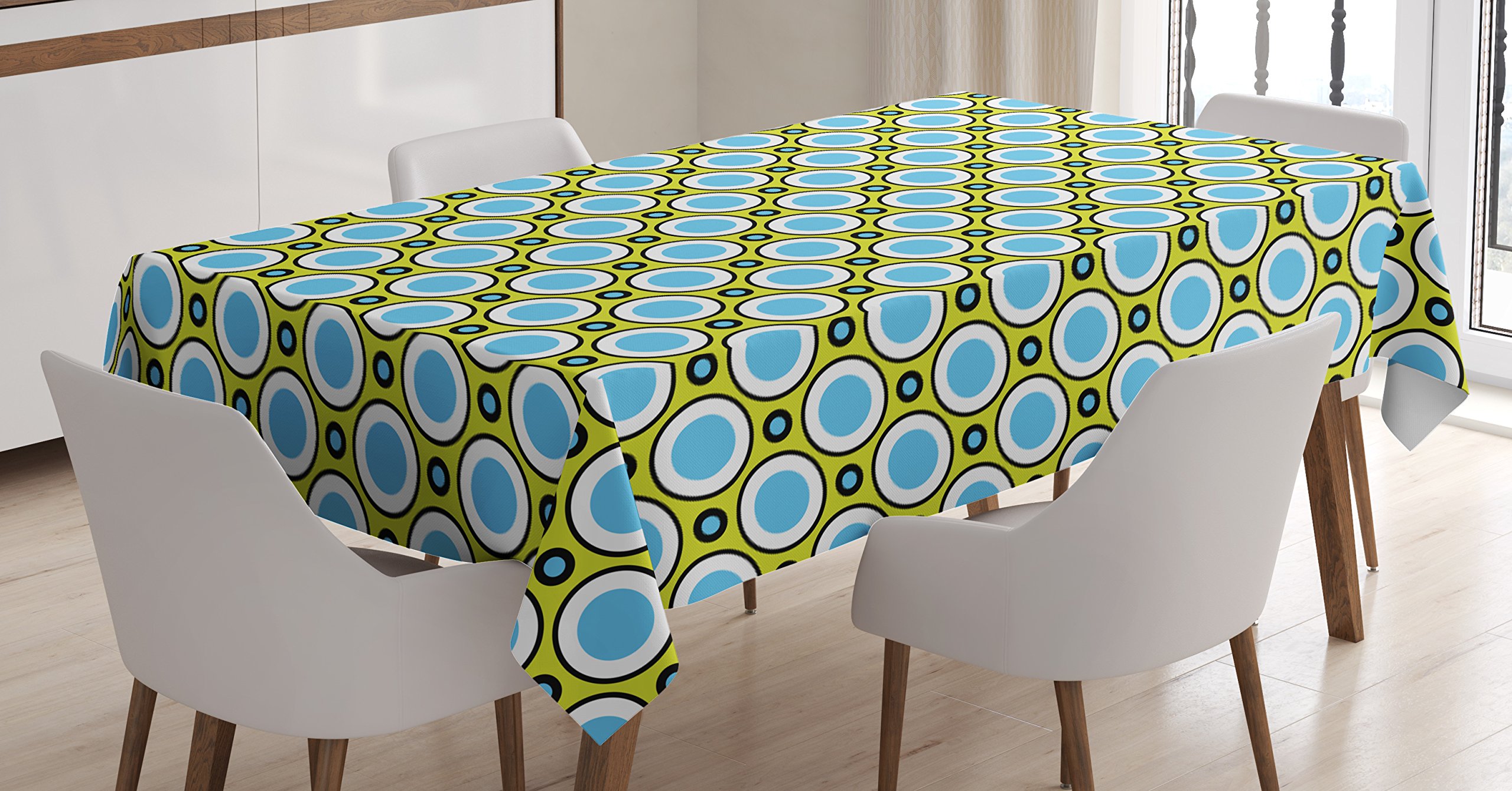 Ambesonne Geometric Tablecloth - Vintage Retro Circles & Dots Round Design, 60x90 Inch Rectangular Table Cover for Dining Room & Kitchen Decor in Yellow Green Blue Black - Perfect for Dinner Parties, Holiday Gatherings & Home Styling