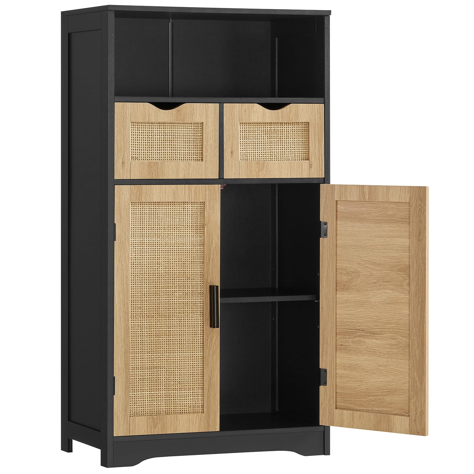 Iwell Large Storage Cabinet with 2 Rattan Drawers & 2 Doors - Adjustable Shelves Bathroom Organizer for Living Room, Home Office - Natural & Black - Perfect for Bathroom Storage, Bedroom Organization & Home Decor