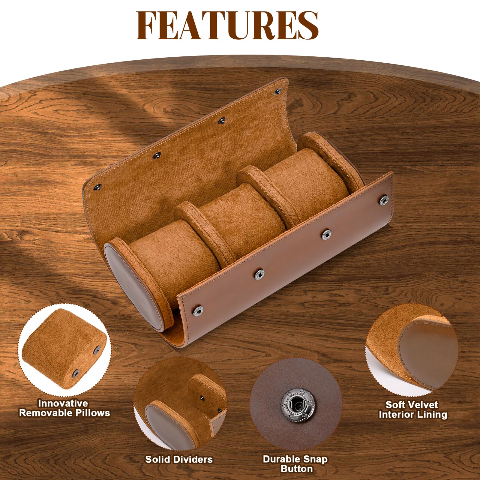 Premium ROSELLE Leather Watch Roll Travel Case - 3 Watch Storage Organizer for Men & Women with Removable Pillows & Solid Dividers - Secure Luxury Watch Display & Protection for Home, Travel & Office (Brown)