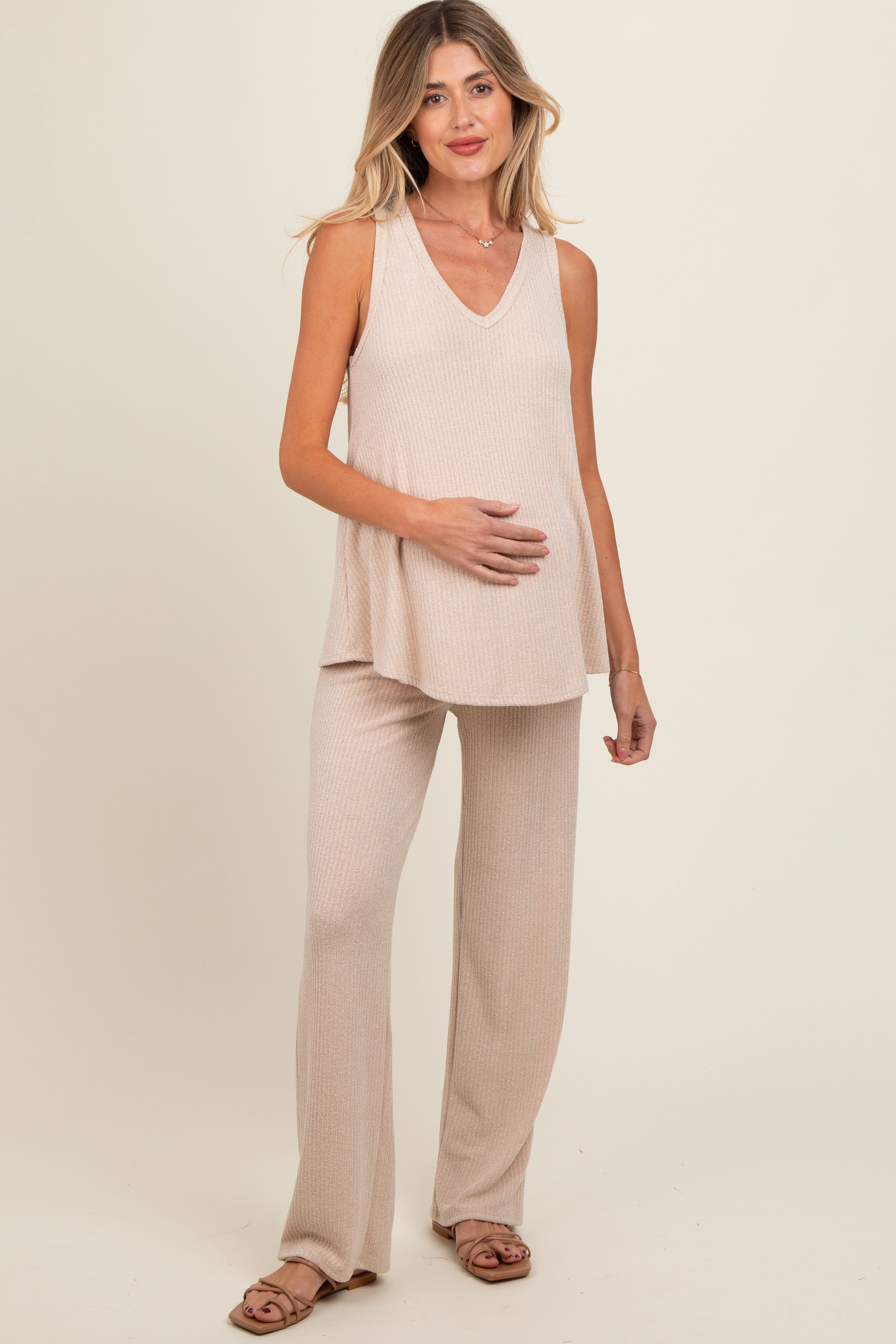 Beige Rib Knit Maternity Tank Top and Pants Set - Comfortable Nursing & Pregnancy Outfit for Moms | Perfect for Casual Wear, Hospital Visits & Maternity Photos