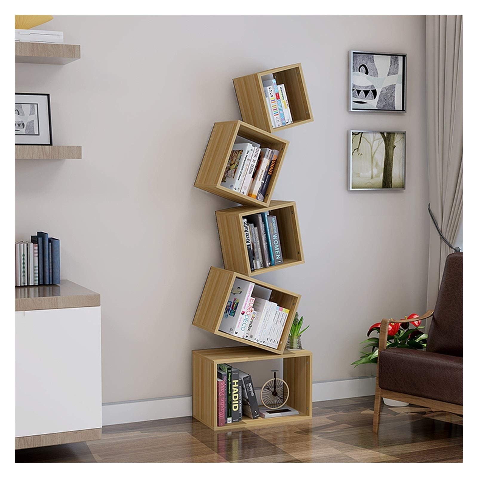 5-Tier Geometric Bookshelf Organizer - Modern Wooden Bookcase for Home & Office Storage - Stackable Square Shelves for Books, Decor & Display - Perfect for Living Room, Bedroom & Study Organization