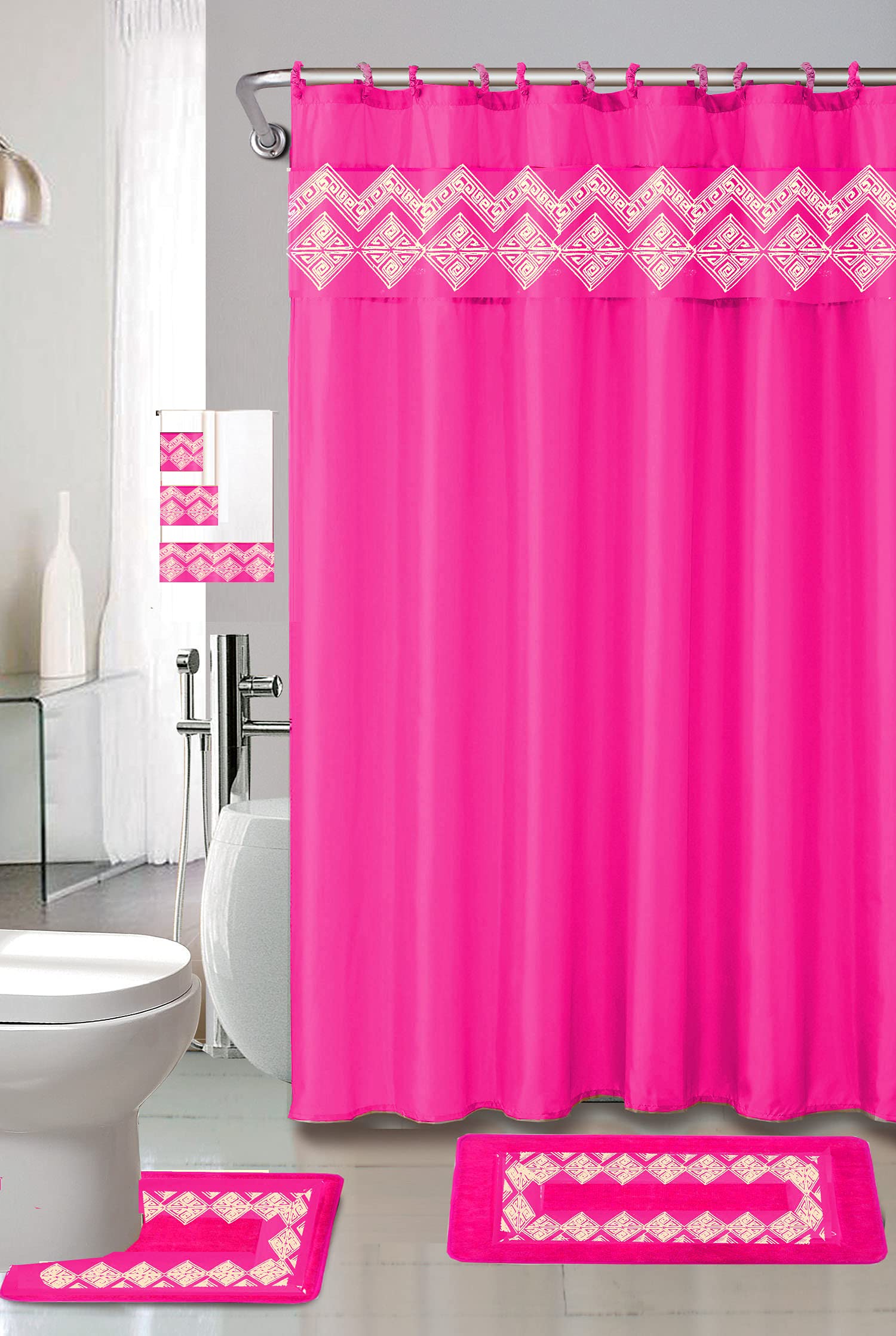 Empire Home 18-Piece Vibrant Diamond Bathroom Set - Non-Slip Bath Rugs, Shower Curtain Hooks & 3-Piece Towel Set in Hot Pink | Luxury Bathroom Decor for Modern Homes & Guest Bathrooms