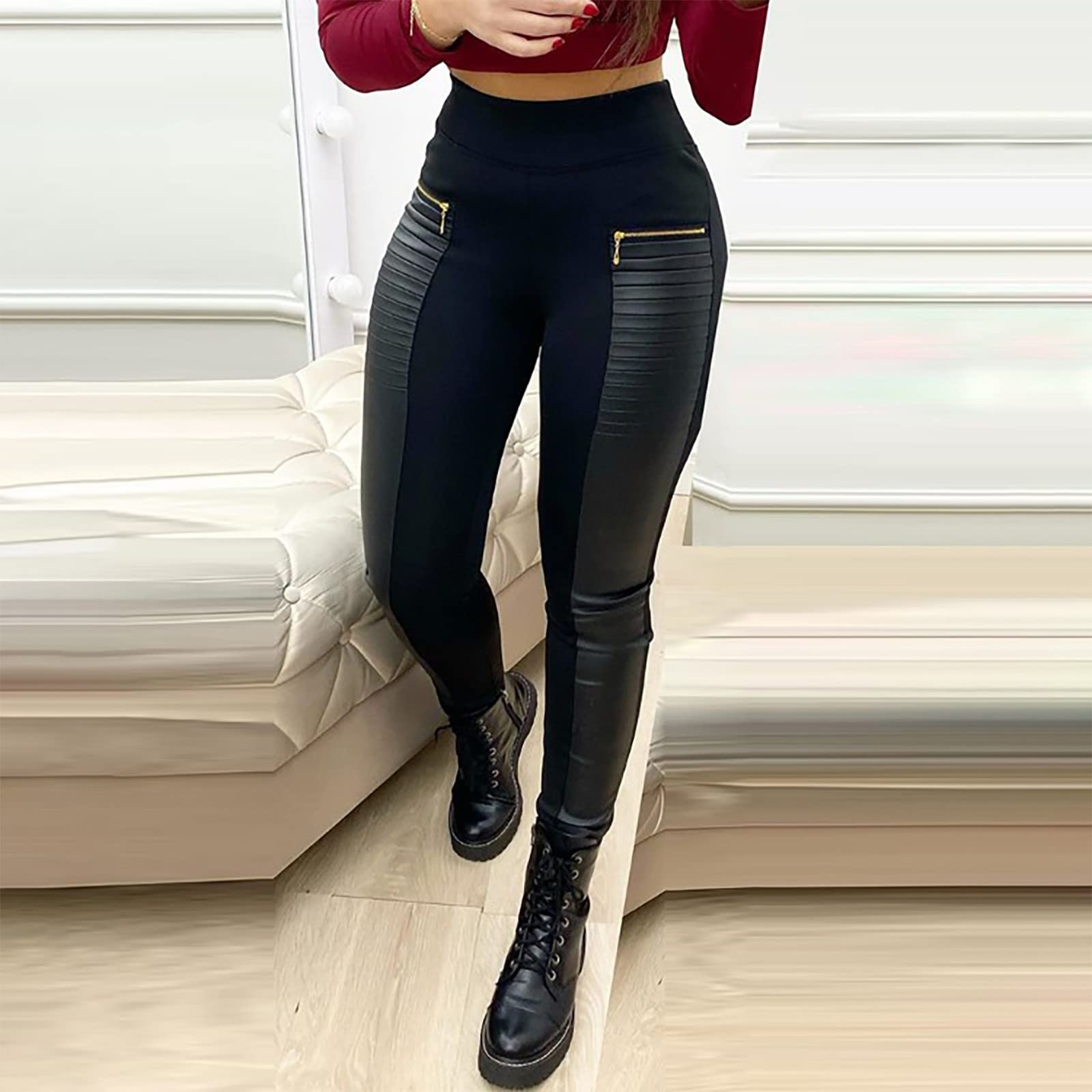 Trendy Women's Faux Leather High Waist Wide Leg Pants with Zipper Detail & Contrast Stitching - Stylish Black Trousers for Night Out, Party & Office | Perfect for Club, Date Night, Business Casual & Evening Events | Great for Work Attire, Fashion Statement Outfits & Stylish Occasions | Ideal for Fall & Winter Wardrobe, Holiday Parties & Professional Settings