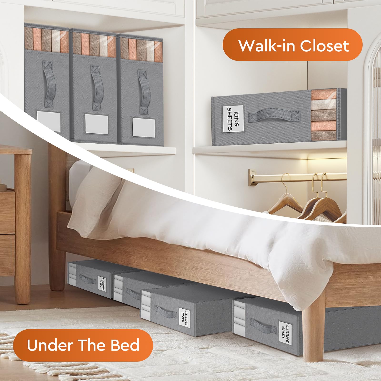 4 Pack Foldable Closet Organizers with Window & Label - Sturdy Storage Containers for Bedding, Sheets, Duvet Covers & Blankets (Grey) - Perfect for Closet, Wardrobe & Home Organization