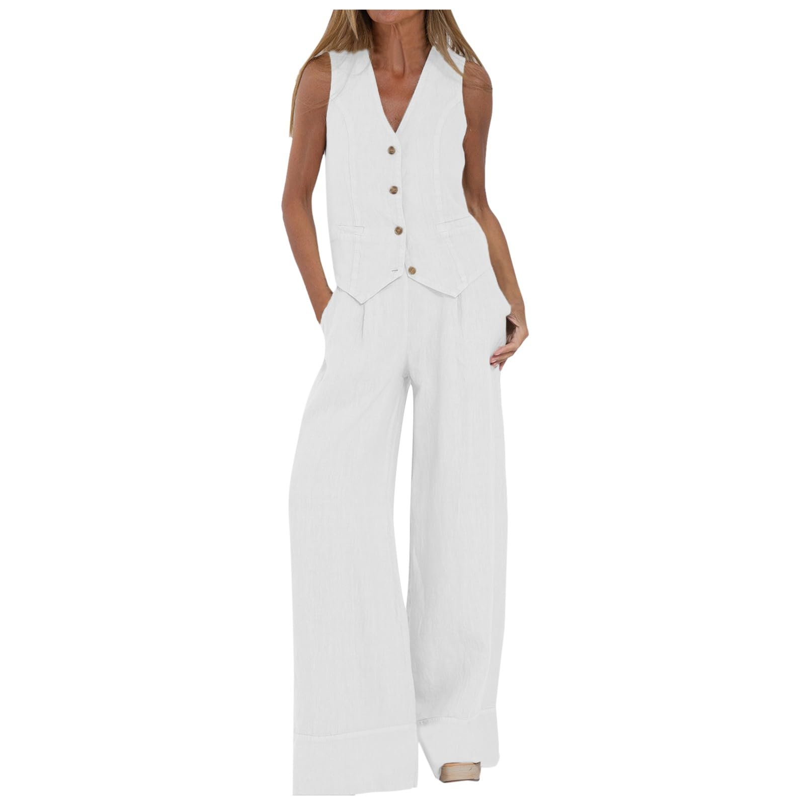 Women's 2 Piece Summer Outfit - Linen Crop Tank Top & Wide Leg Pants Set | Sleeveless Lounge Wear for Beach, Travel & Casual Comfort