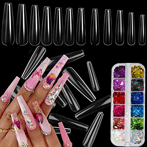 240pcs Extra Long Coffin Acrylic Nail Tips Kit - XL Ballerina Fake Nails with Glitter Flakes for Gel X Extension | Salon & Home DIY Manicure | Perfect for Parties, Weddings & Special Occasions