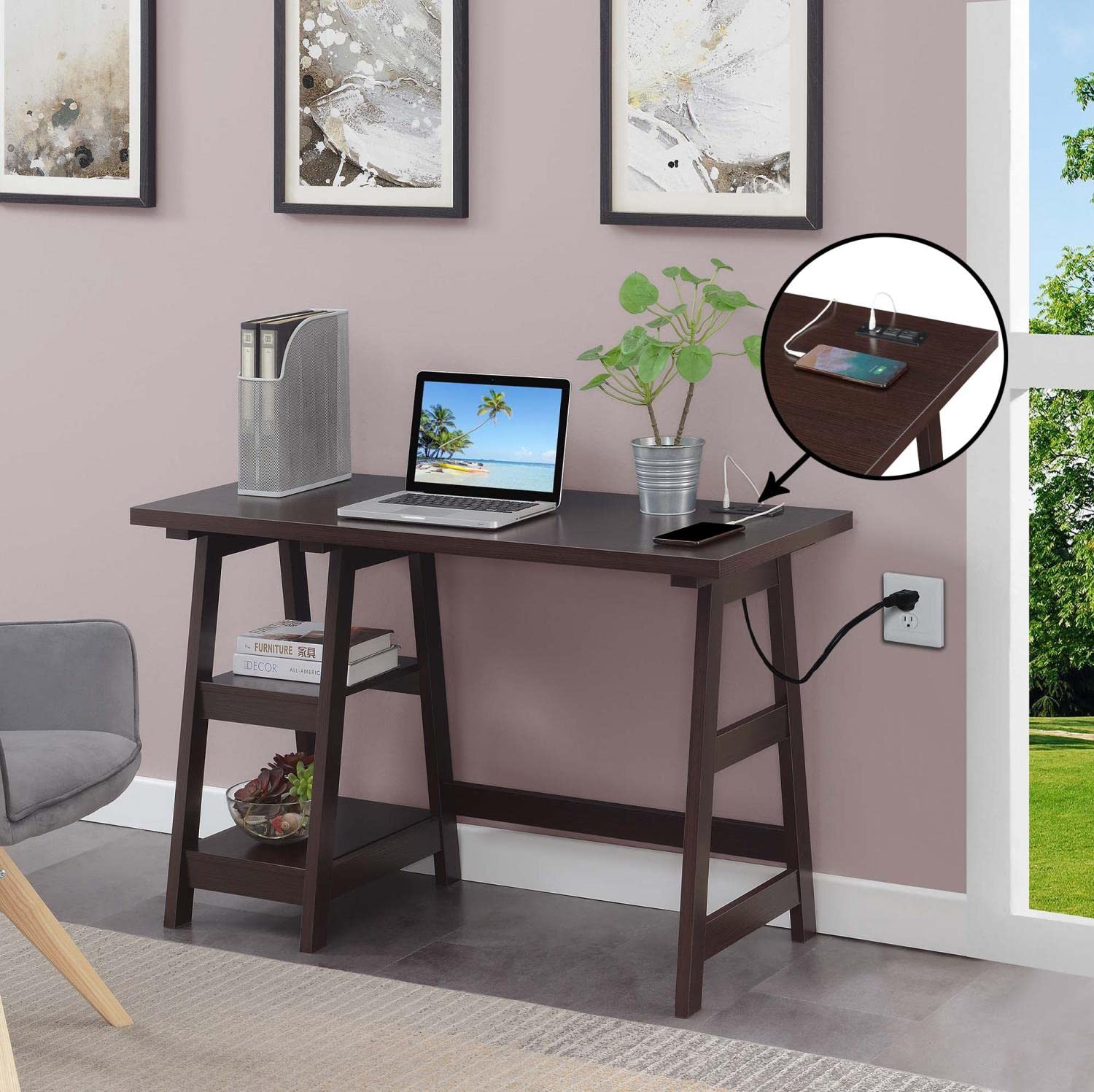 Convenience Concepts Designs2Go Trestle Desk with USB Charging Station & Storage Shelves - Espresso Finish Home Office Desk for Remote Work & Study