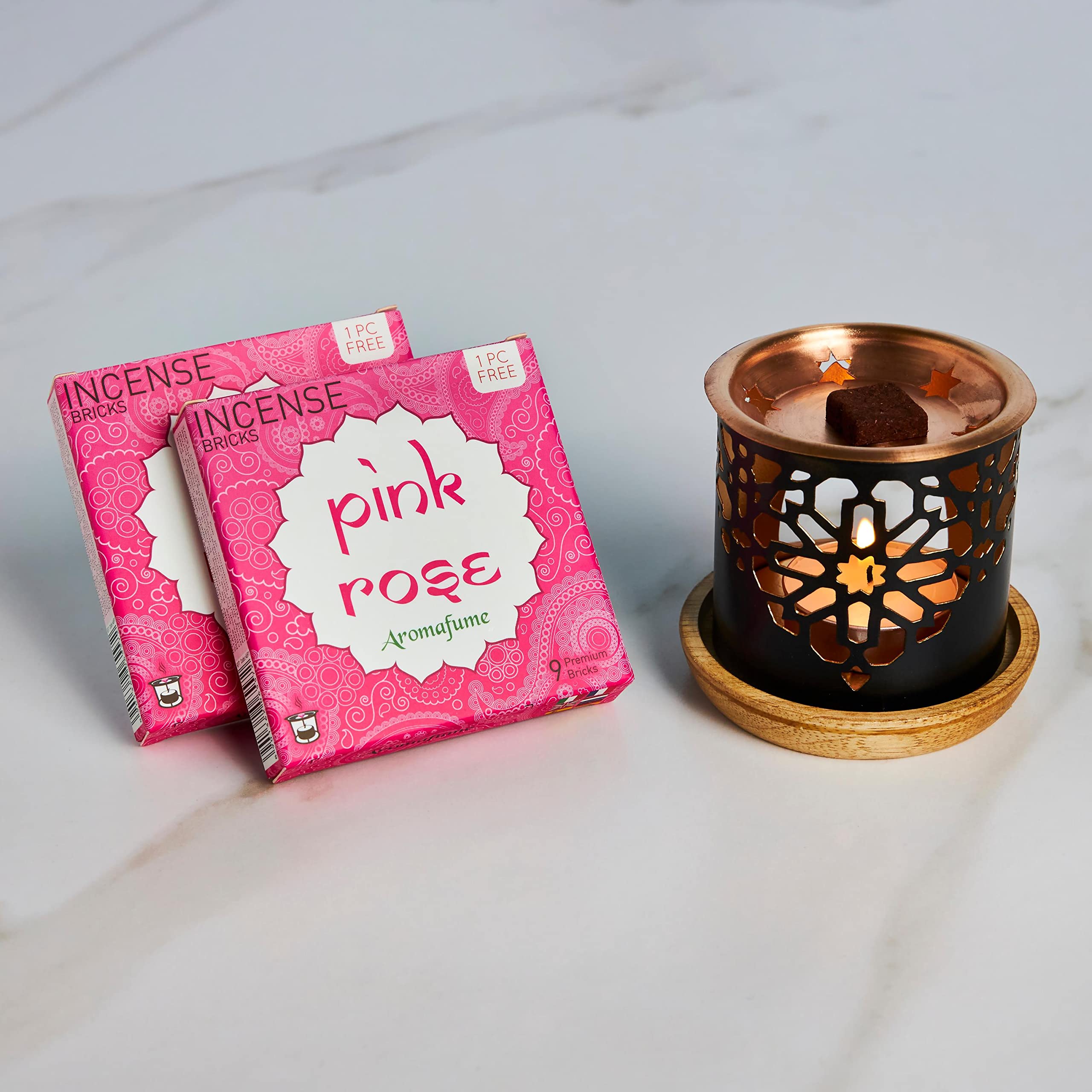 Aromafume Pink Rose Incense Bricks (2 x 9 Bricks) with Oriental Burner - Natural Rose & Rose Extract Scented Low Smoke Non-Toxic Incense for Romance, Meditation & Home Fragrance | Perfect for Yoga, Spa Relaxation & Aromatherapy