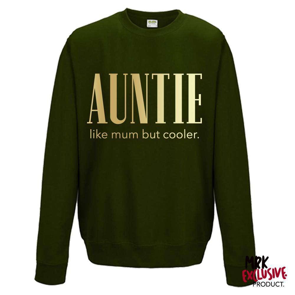 Stylish Auntie (Cooler than Mom) Women's Forest Green & Gold Knit Sweater - Cozy Winter Pullover for Casual Outings & Family Gatherings