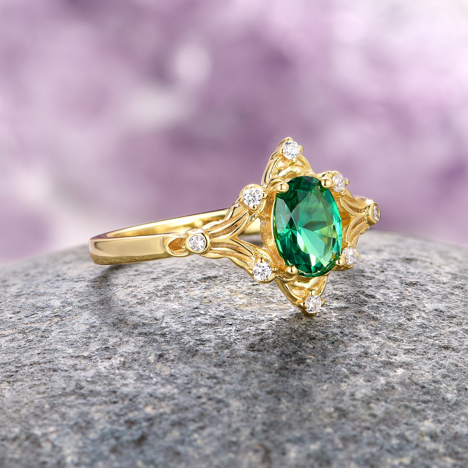 Maeve Vintage Emerald Ring - 14K Yellow Gold Vermeil Green Gemstone Jewelry for Women - Perfect for Weddings, Anniversaries & Special Occasions