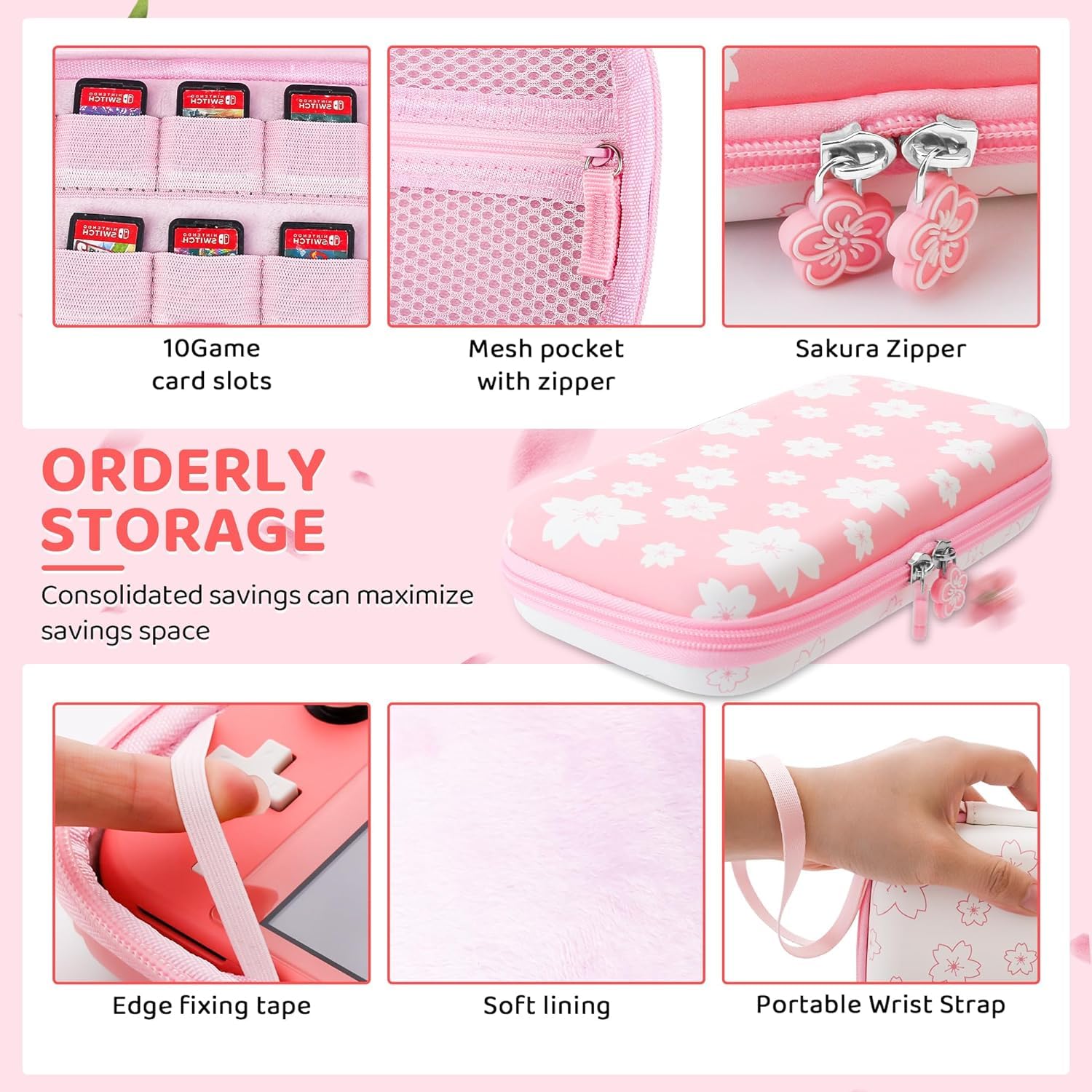 RHOTALL Carrying Case for Nintendo Switch Lite - Protective Hard Shell, Screen Protector, Adjustable Shoulder Strap & 2 Thumb Grips (Rose/White) - Perfect for Travel, Gaming On-The-Go & Storage Protection