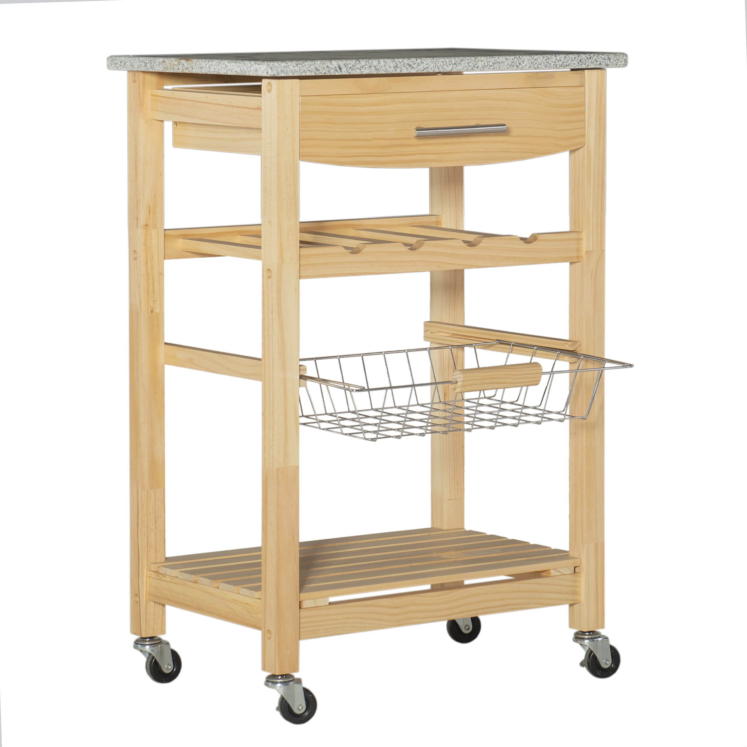 Linon Mila Natural Granite Kitchen Island with Storage Basket & Wheels - Mobile Kitchen Cart for Small Spaces, Food Prep & Extra Counter Space