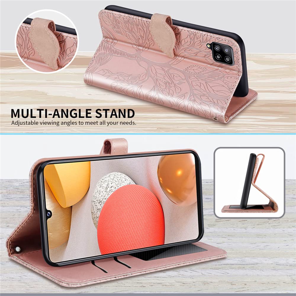 Premium PU Leather Samsung Galaxy A12 Wallet Case with Kickstand, Card Slots & Wrist Strap – Embossed Tree Design Folio Flip Cover for 6.5