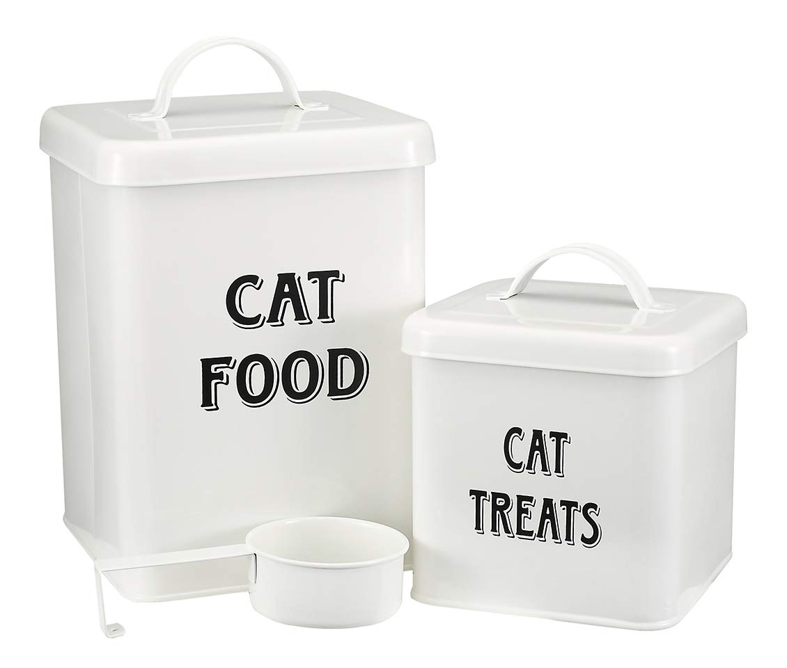 Premium Vintage Cream Cat Food Storage Containers with Scoop - Airtight Carbon Steel Canisters for Dry Kibble & Treats - Perfect for Kitchen Pantry, Pet Feeding Station & Travel - White