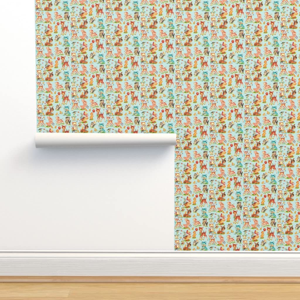 Peel & Stick Wallpaper 12ft x 2ft - Vintage Baby Animals Aqua Deer Rabbit Bunny Bear Nursery Decor | Self-Adhesive Removable Wallpaper for Kids Room, Playroom & Nursery | Easy DIY Home Decor by Spoonflower