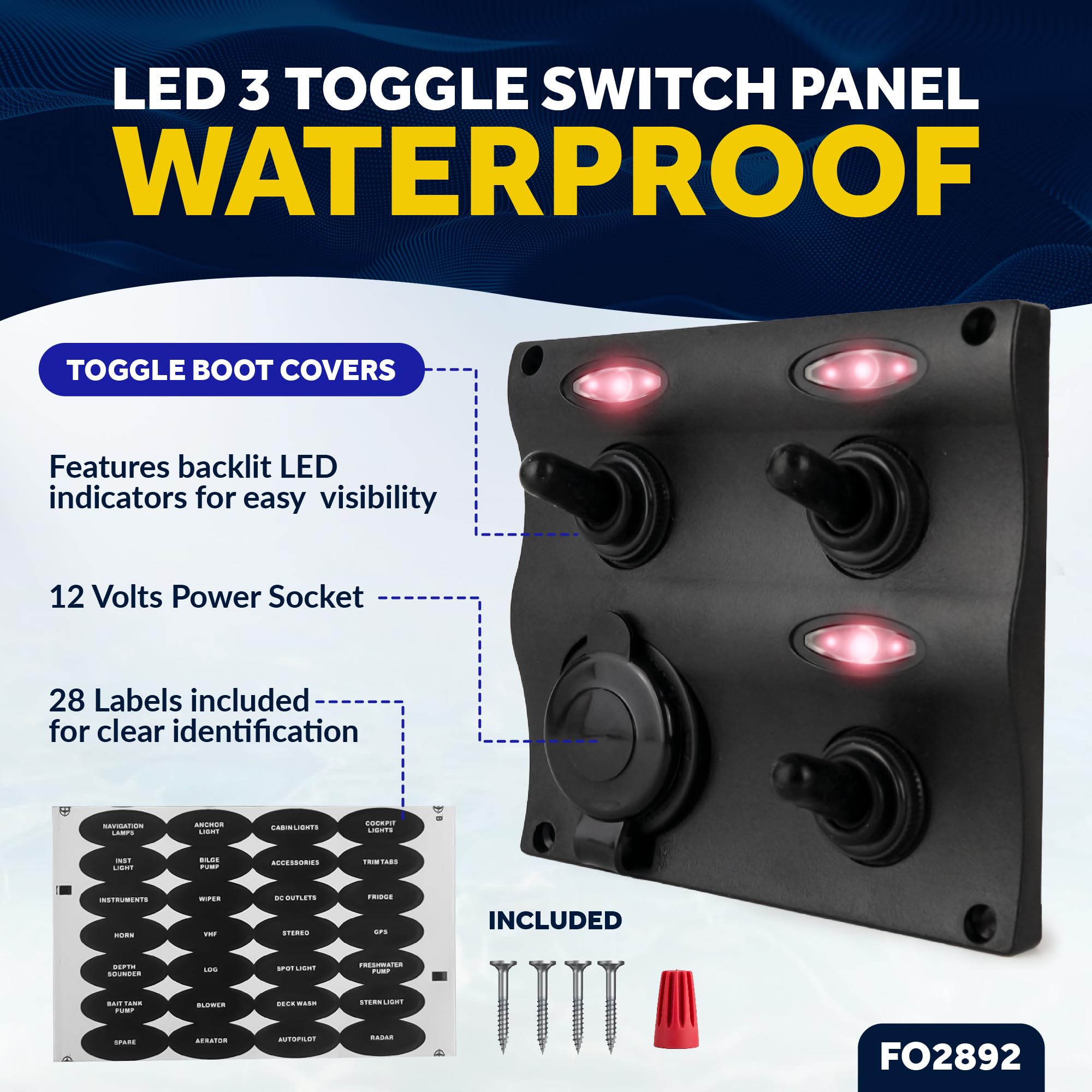 Five Oceans LED Marine Switch Panel - Waterproof 12-24V Toggle Switch Panel with Labels for Boats & Yachts | Perfect for Dashboards, Control Panels & Marine Electrical Systems