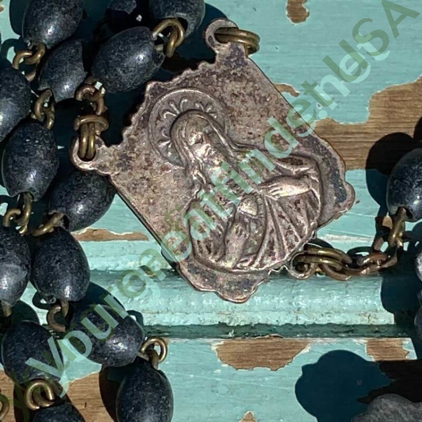Vintage Charcoal Gray Beaded Rosary Necklace - Antique Patina Finish Catholic Prayer Beads for Religious Devotion & Spiritual Gifts