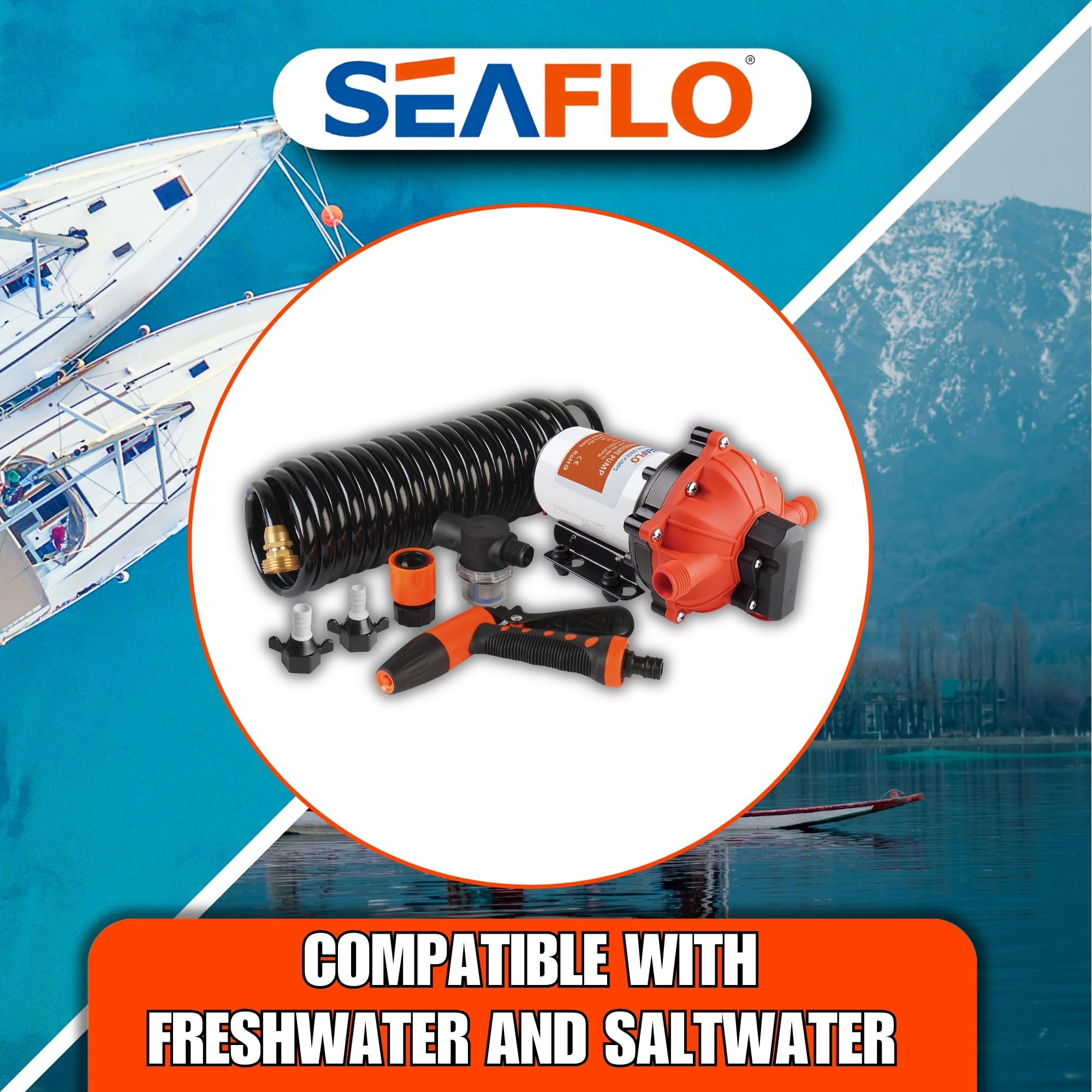SEAFLO 55-Series 12V DC Washdown Pump Kit - 5.5 GPM, 60 PSI, Self-Priming Marine Water Pump with Adjustable Pressure Switch & Coiled Hose - High Flow Pressure Washer for RV, Boat, Off-Grid, and Outdoor Cleaning Applications