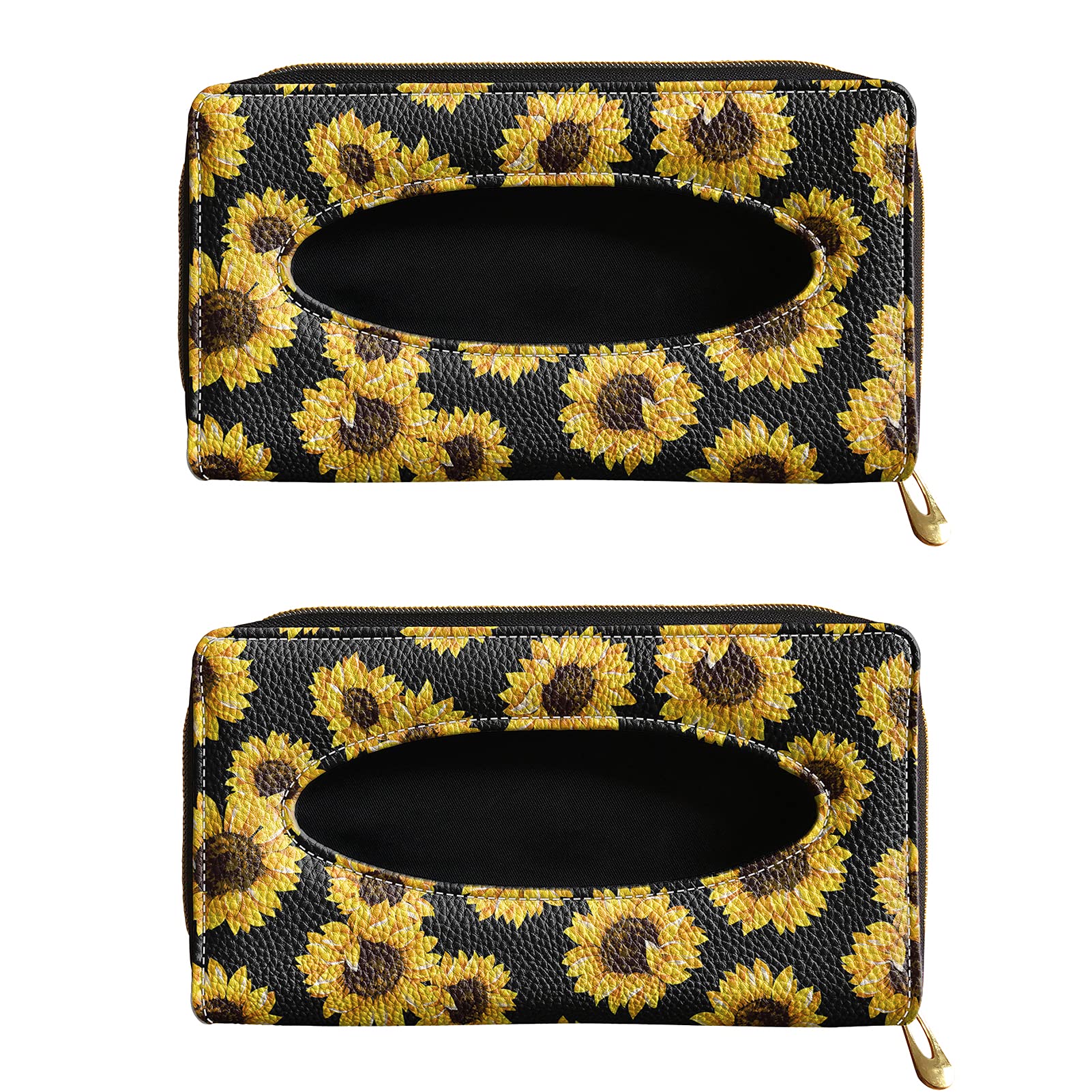 Binienty Yellow Sunflower Floral Print PU Leather Car Tissue Holder Box Set (2 Pcs) - Sun Visor & Seat Back Tissue Organizer for Women & Girls - Perfect for Road Trips, Commuting and Family Travel