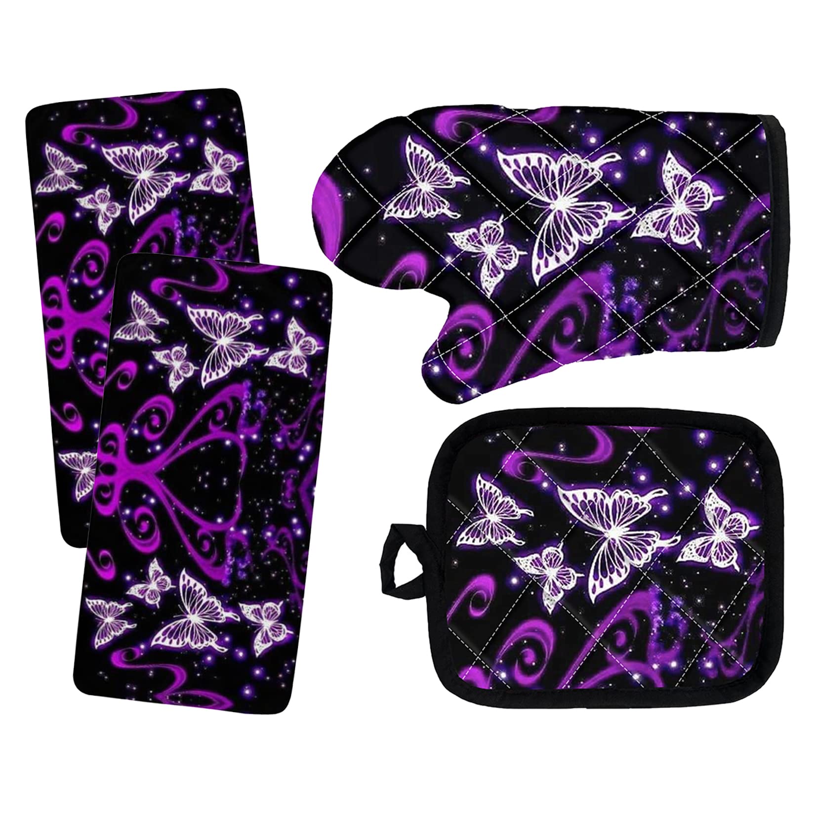 DISNIMO 4-Piece Kitchen Towel Set with Heat Resistant Oven Mitts & Pot Holders - Dreamy Purple Butterfly Design for Cooking, Baking & Home Decor | Dish Drying, Hot Pan Handling & Kitchen Gift Idea