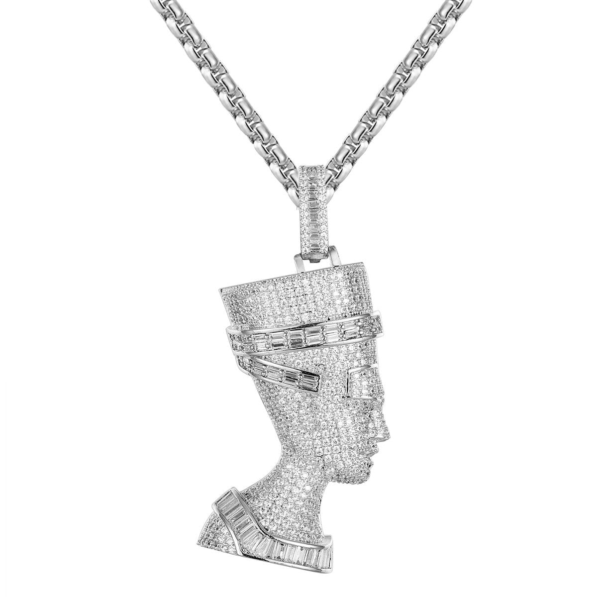 Egyptian Queen Nefertiti Baguette Pendant Necklace - Ancient Pharaoh Hip Hop Jewelry for Men & Women - Perfect for Hip Hop Fashion, Costume Parties & Historical Collections